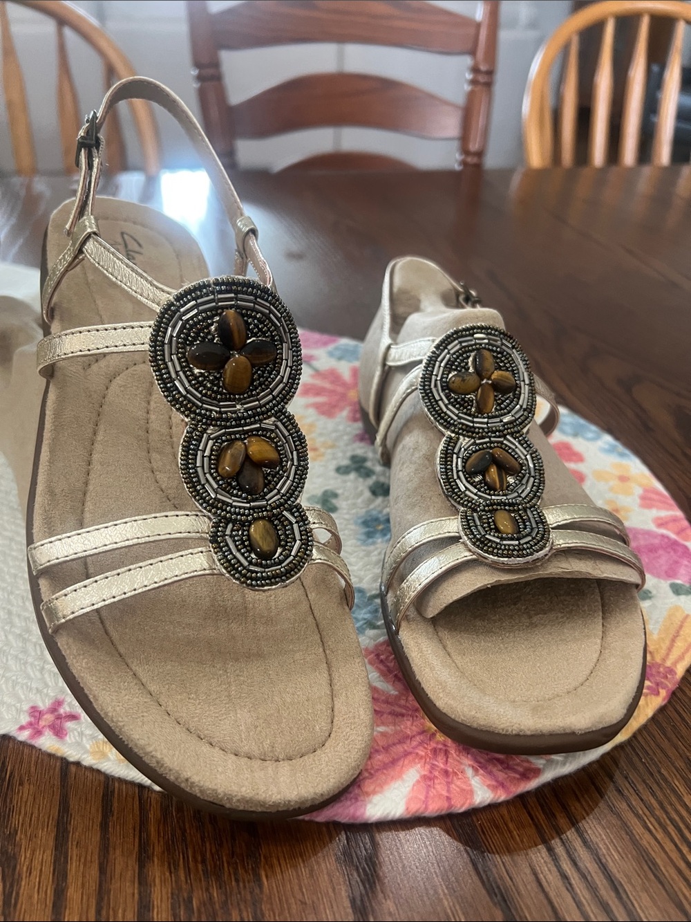 Clarks Taupe and Gold Beaded Slingback Sandals